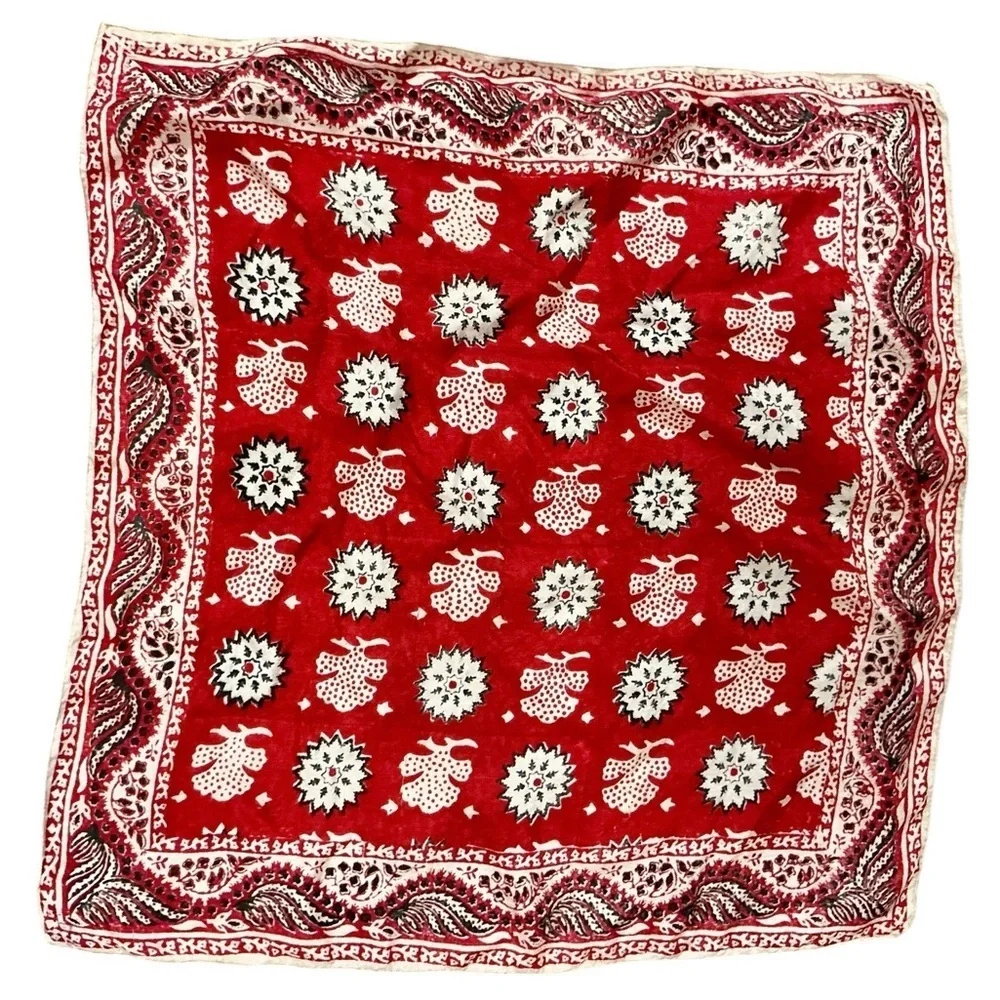 Vintage Handwoven Pure Silk Pocket Square Scarf Red Bandana Print Made in India
